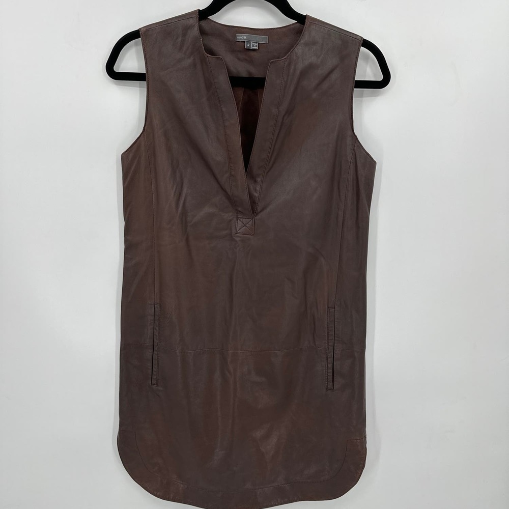 Vince. Brown Leather Mini Sheath Dress Size 2 Medium